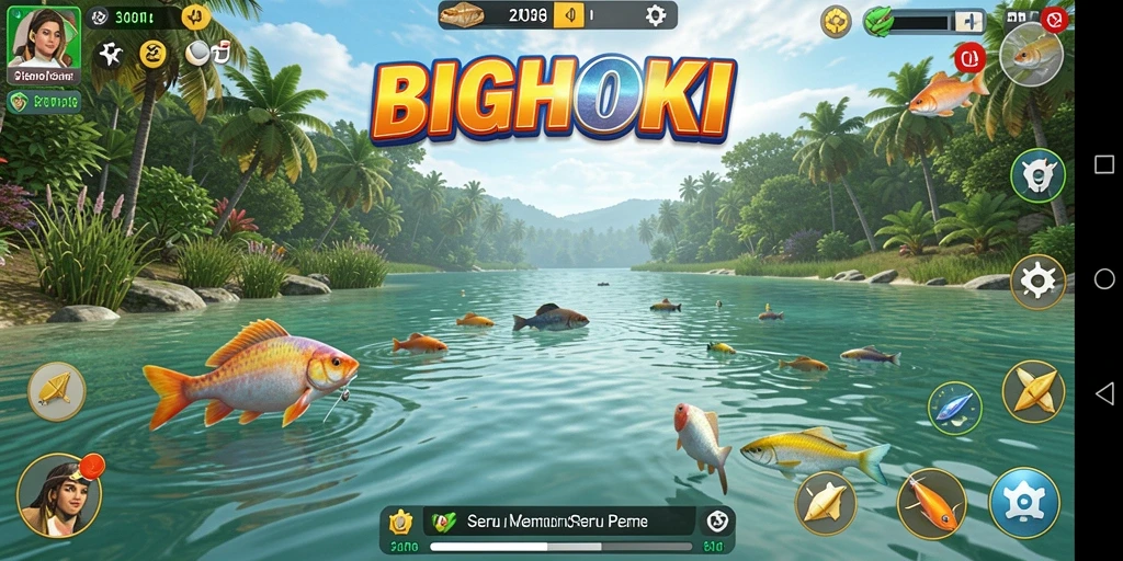 Tampilan gameplay BIGHOKI dengan suasana memancing yang tenang.