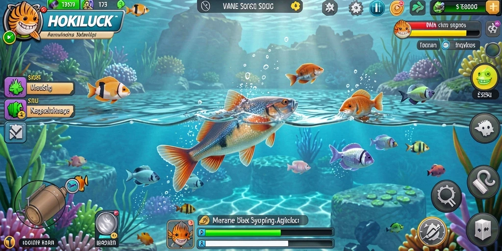 Gameplay HOKILUCK yang menarik dengan berbagai ikan dan perlengkapan memancing.
