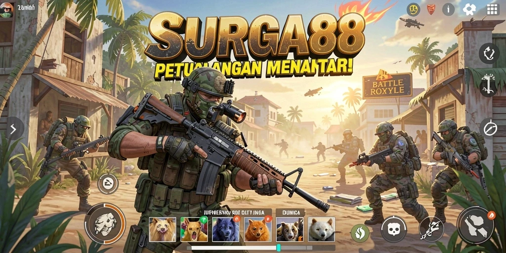 Tangkapan layar utama SURGA88 menampilkan aksi pertempuran intens di pulau yang luas.